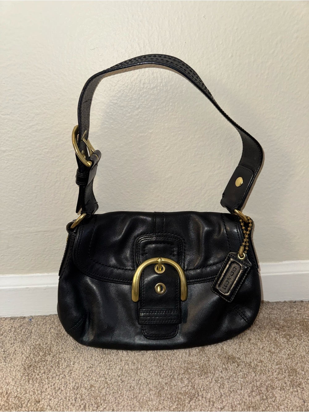 Coach Black Leather Shoulder Bag with Brass-Tone Buckle